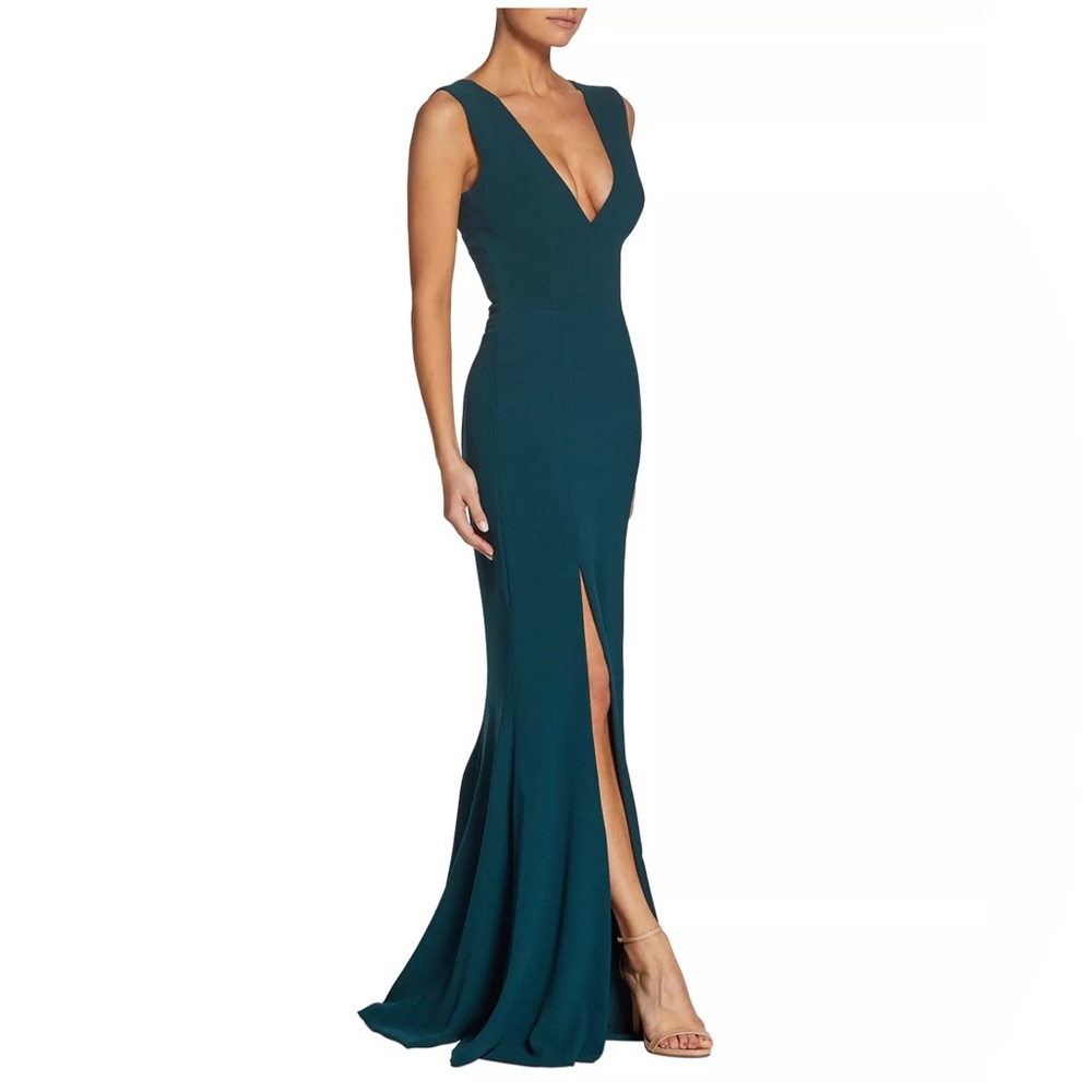 DRESS THE POPULATION SANDRA CREPE TRUMPET THIGH SLIT IN PINE DRESS L
